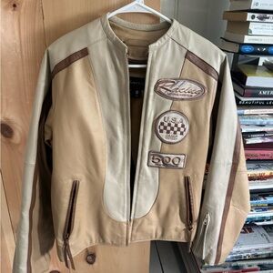 Racing Patch Two-Tone Beige & Tan Leather Jacket
